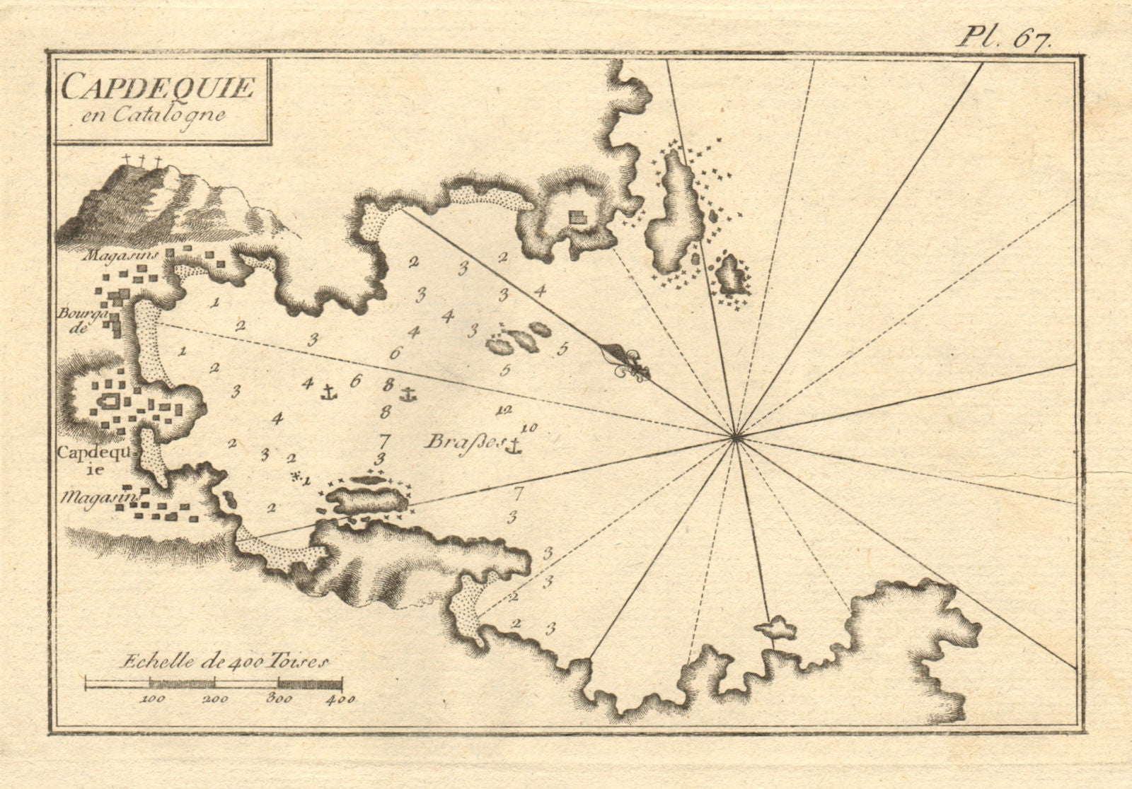 Capdequie en Catalogne. The Port of Cadaques. Catalonia, Spain. ROUX 1804 map